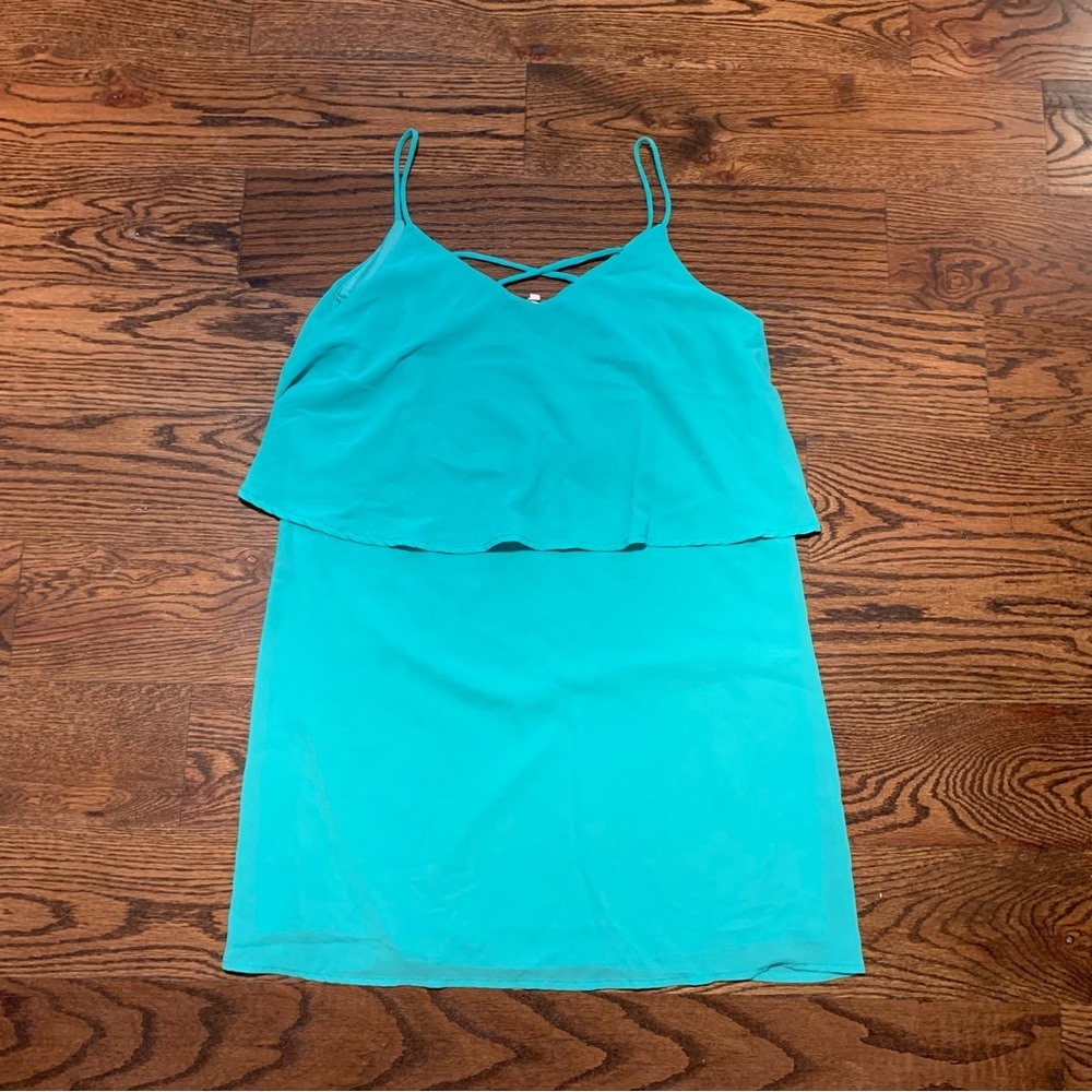 PEPPERMINT SLEEVELESS TEAL MINI DRESS WITH RUFFLE SIZE M  CRISS CROSS